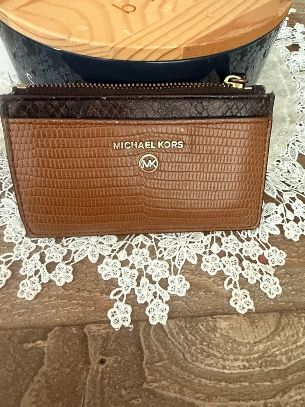 Michael Kors Two-Tone Brown Croc-Embossed Card Wallet